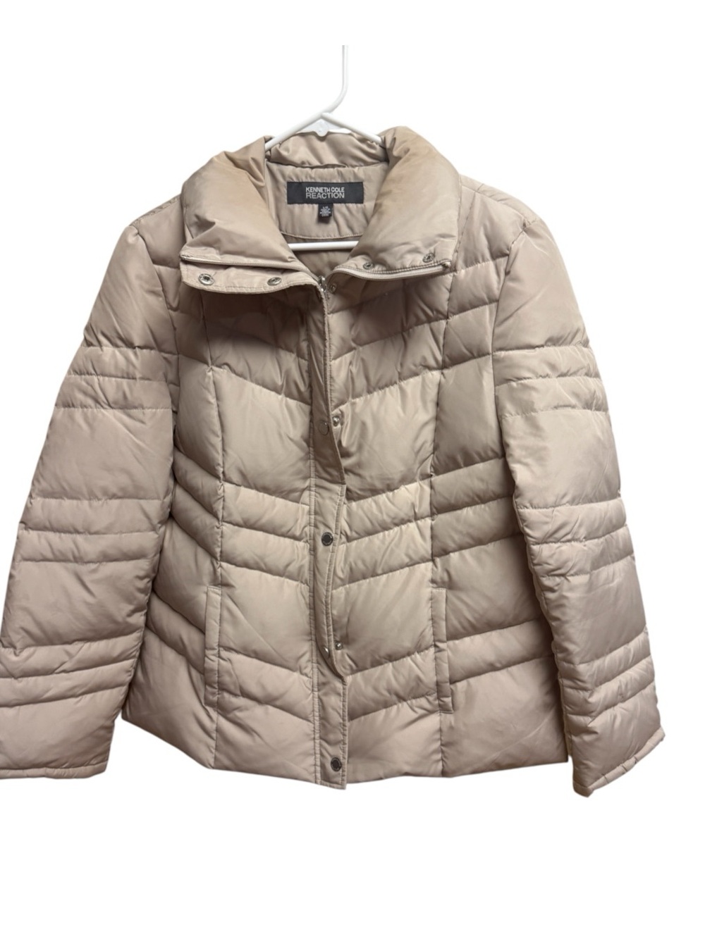 Kenneth Cole Reaction Beige Chevron Quilted Puffer Jacket Down Blend Women's LG